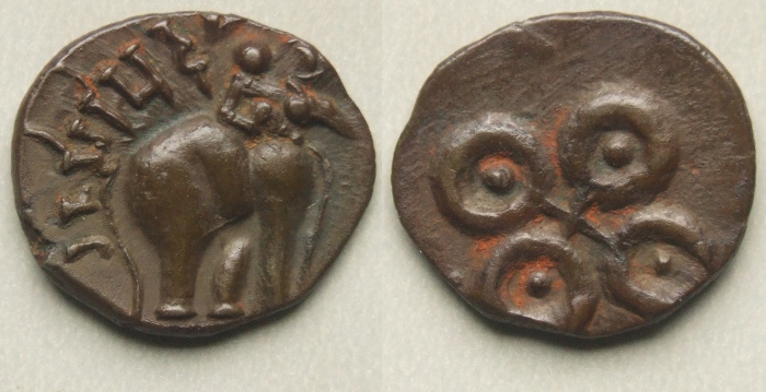 Satakarnis, Mahout on elephant billon karshapana c.39BC-AD107 Satakarnis, Mahout on elephant billon karshapana c.39BC-AD107